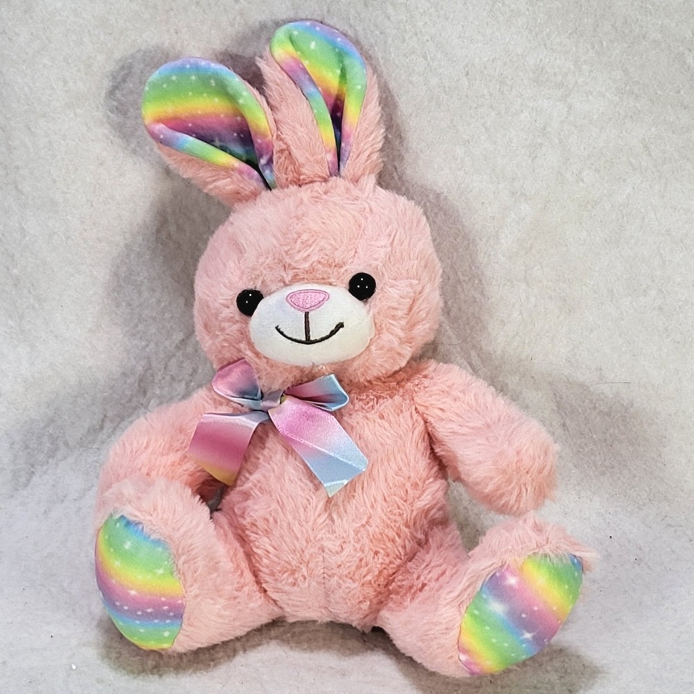 Kellytoy Pink Plush Bunny Rainbow Galaxy Ears Feet Satin Bow Stuffed Animal 11"‎